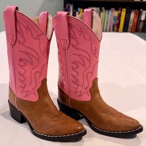 Old West Leather Cowboy Boots Girls 12.5 Tan Pink Calf Western 8139 Pageant